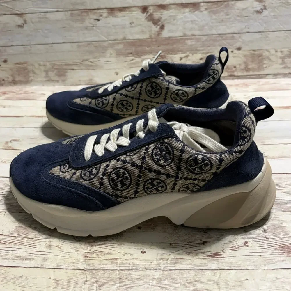 Tory Burch T Monogram Good Luck Trainer Sneakers Women's 9.5 Navy Gray Chunky